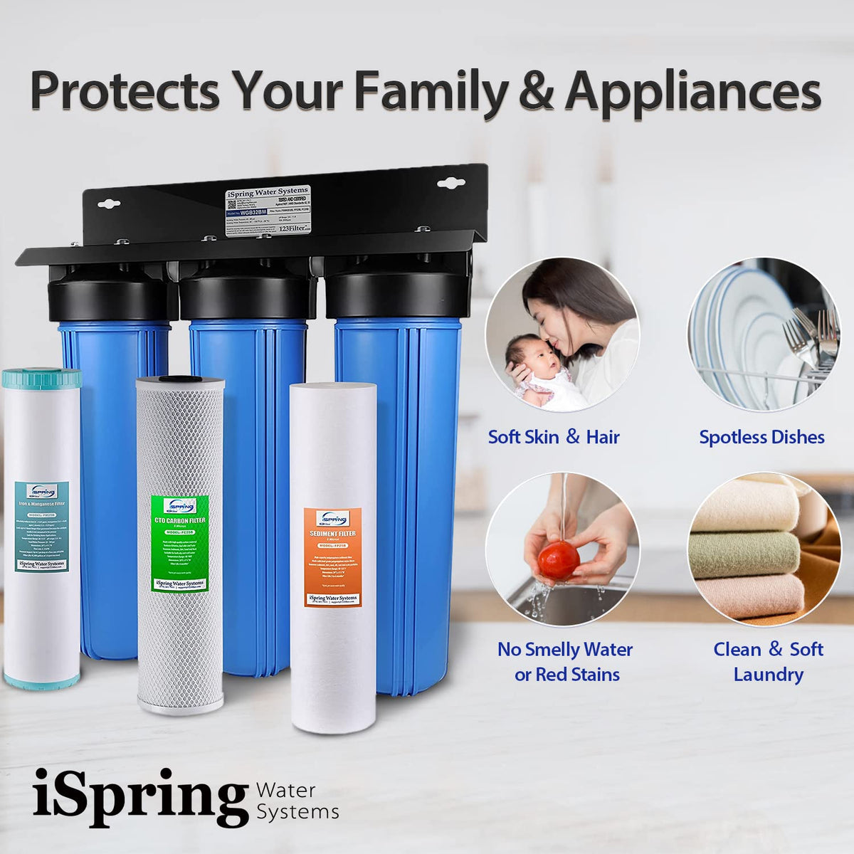 iSpring WGB32BM Whole House Water Filter System, Reduces Iron, Manganese, Chlorine, Sediment, Taste, and Odor, 3-Stage Iron Filter Whole House