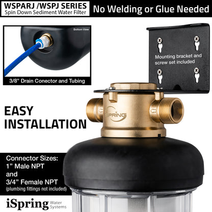 iSpring WSPJ Reusable Whole House Spin-Down Sediment Water Filter, Upgraded Jumbo Size, Large Capacity, 50-Micron Flushable Prefilter Filtration, 1" MNPT + 3/4" FNPT, Lead-Free Brass