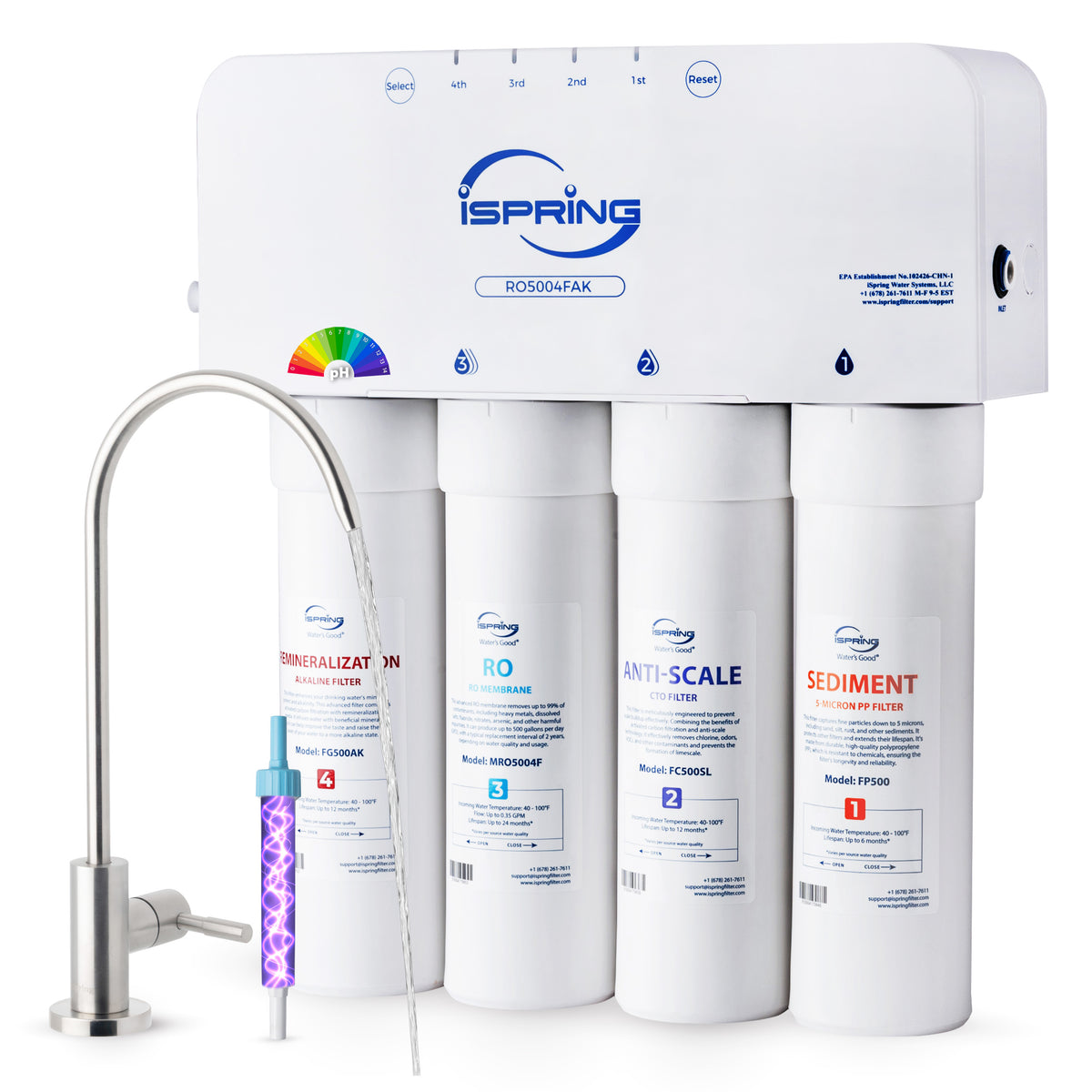 iSpring RO5004F-AK Alkaline Reverse Osmosis Water Filter with UV, 500 GPD, pH , 2:1 Pure to Drain, Tankless Remineralization RO System Under Sink with Boost Pump, Filter Life Monitor, Reduces PFAS, TDS, Lead, and Arsenic