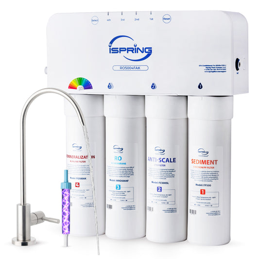 iSpring RO5004F-AK Alkaline Reverse Osmosis Water Filter with UV, 500 GPD, pH , 2:1 Pure to Drain, Tankless Remineralization RO System Under Sink with Boost Pump, Filter Life Monitor, Reduces PFAS, TDS, Lead, and Arsenic