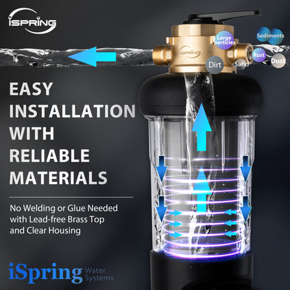 iSpring WSPARJ-BP Whole House Water Filter System Prefilter, Auto Flushing Spin Down Sediment Filter for Well Water, Integrated Bypass, 4-Mode Touch-Screen, Reusable, Jumbo Size