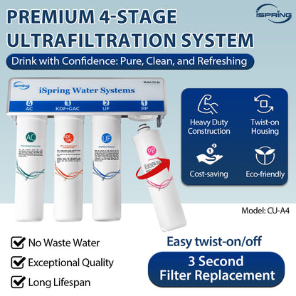 iSpring CU-A4 0.01μm Ultra-Filtration Under Sink Water Filter System, Tankless 4-Stage High Capacity, Remove 99.99% Contaminants, Quick Filter Change with Brushed Nickel Faucet, White
