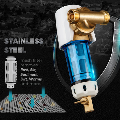 iSpring WSP50GR+ACPF12MPT12x2 Reusable Spin Down Sediment Water Filter (50 Micron w/Scraper & 360°Head) w/Push-Fit Plumbing Fittings