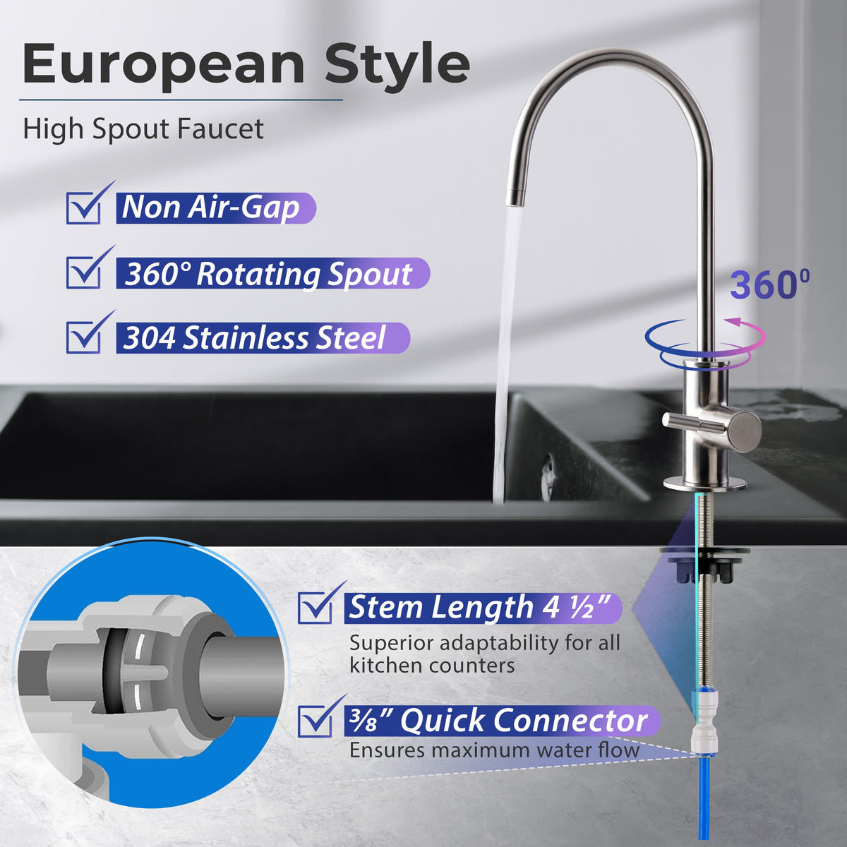 iSpring GA3-BN Drinking Water Faucet for Kitchen Sink with 3/8'' Connector, Heavy Duty Lead-Free Reverse Osmosis Faucet for RO System, Non-Air Gap 100% Stainless Steel RO Faucet, Brushed Nickel Finish