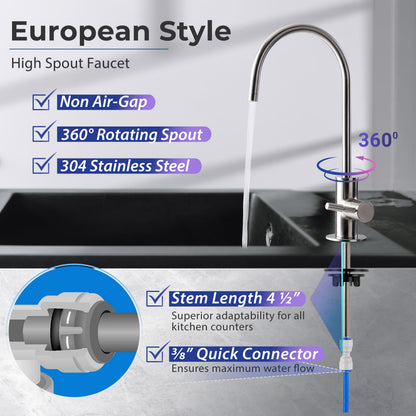 iSpring GA3-BN Drinking Water Faucet for Kitchen Sink with 3/8'' Connector, Heavy Duty Lead-Free Reverse Osmosis Faucet for RO System, Non-Air Gap 100% Stainless Steel RO Faucet, Brushed Nickel Finish