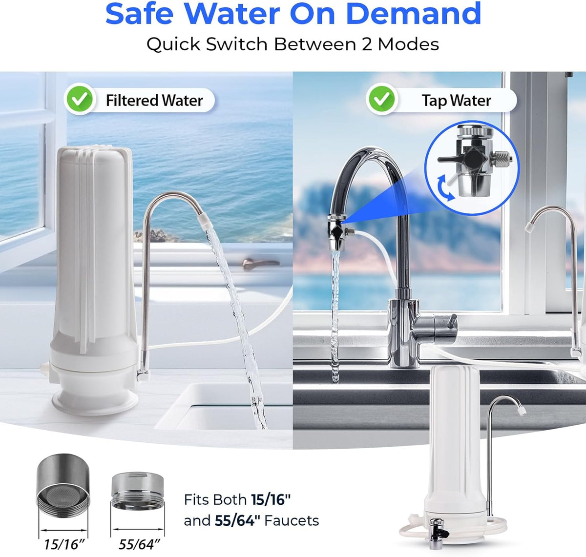 iSpring CT10-W Countertop Water Filter, Multi-Layer Faucet Water Filter System with Versatile Faucet Adapter, Reduces Heavy Metals, Bad Odor, and Chlorine, White