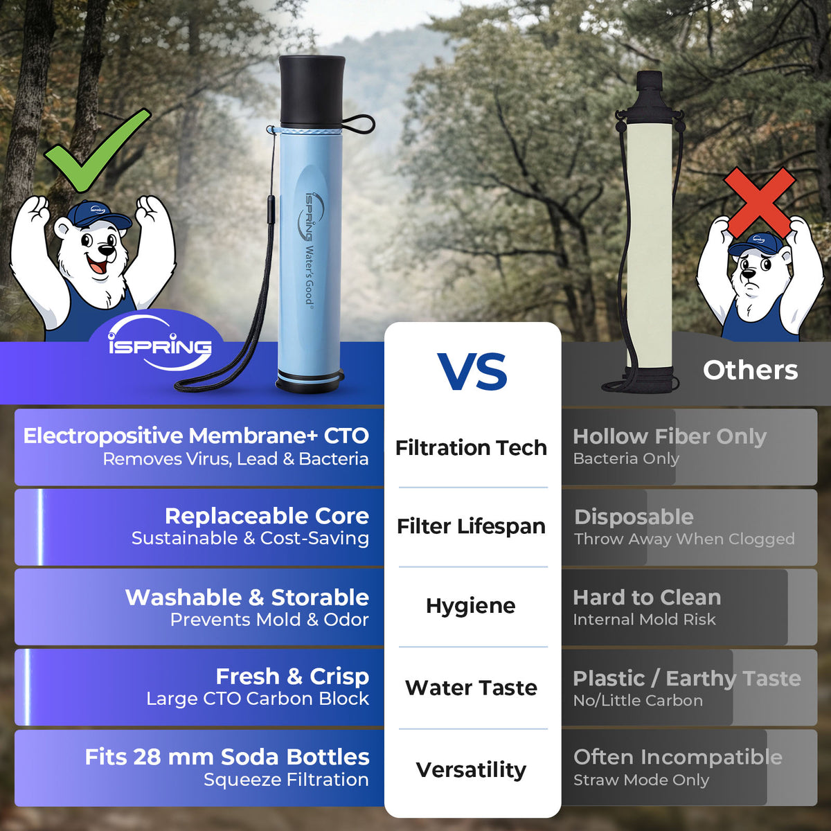 iSpring IFS-B2F2 Personal Water Filter Straw, 2-Pack w/2 Extra Filters, Removes Micro-organisms & Lead, SGS-Tested BPA-Free, Ultralight Portable Purifier for Survival, Emergency & Hiking