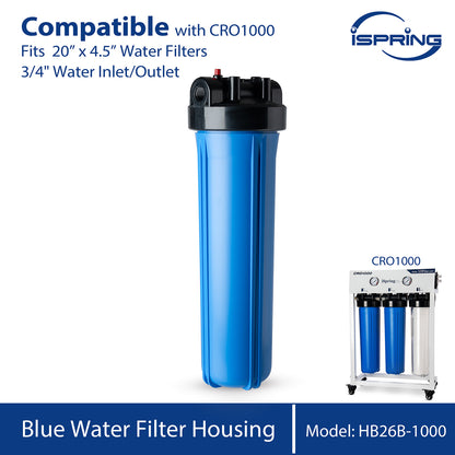 iSpring HB26B-1000 Blue Water Filter Housing 3/4" Outlet/Inlet, Fits 20" x 4.5" Water Filters