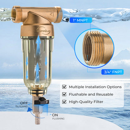 iSpring WSP Spin Down Sediment Water Filter, Whole House Reusable Flushable Prefilter for Well Water, 1" MNPT + 3/4" FNPT, Lead-Free Brass