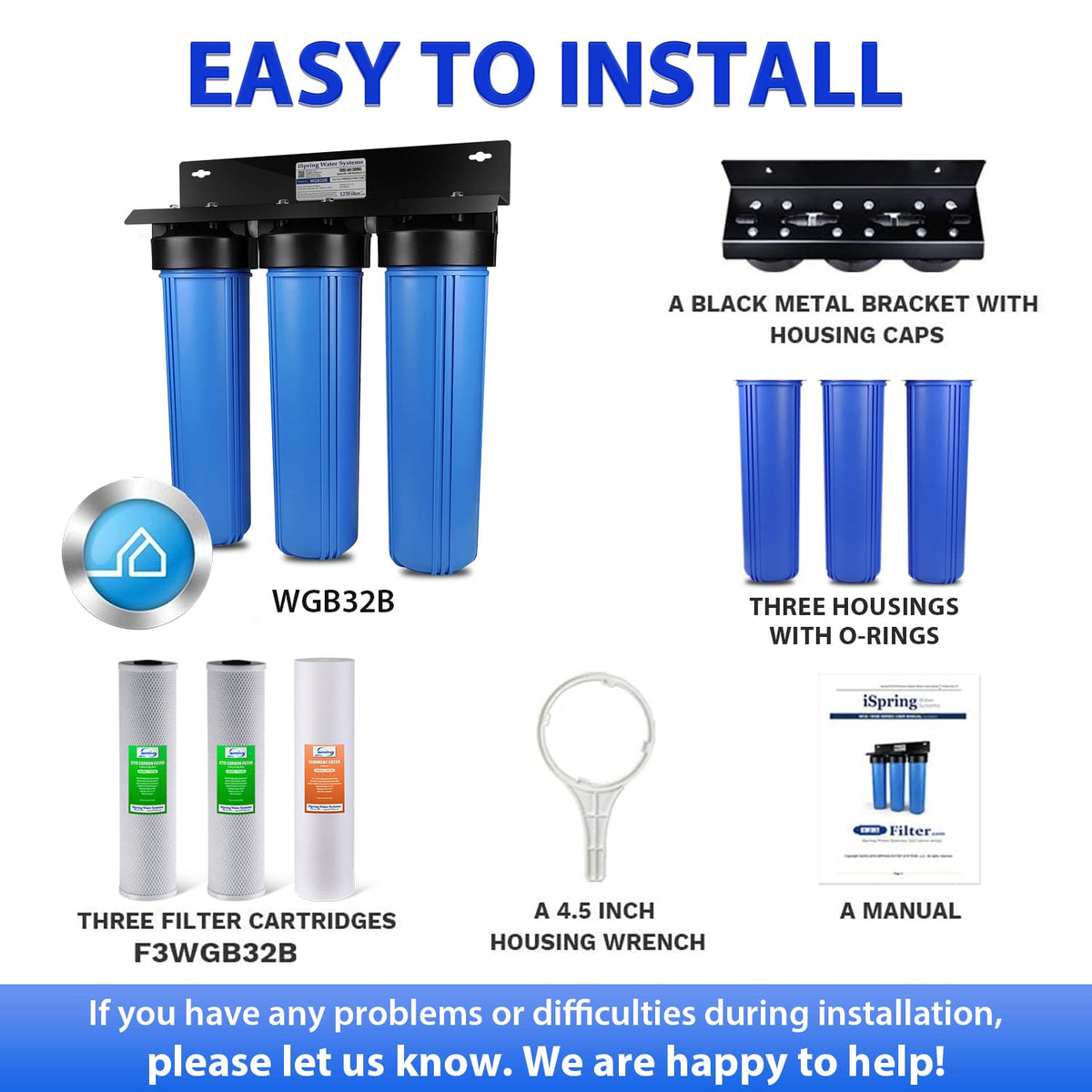iSpring WGB32B Whole House Water Filter System, Highly Reduces Sediment, Taste, Odor, and up to 99% Chlorine, 3-Stage w/ 20-Inch Sediment and Carbon Block Filters