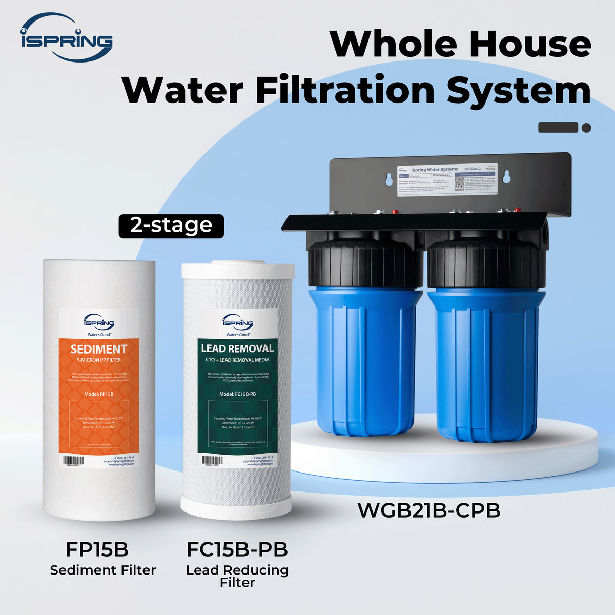 iSpring F2WGB21BCPB 10" x 4.5" Whole House Water Filters for WGB21B Series Water Filter Systems, includes Sediment and Lead-Removal Filters