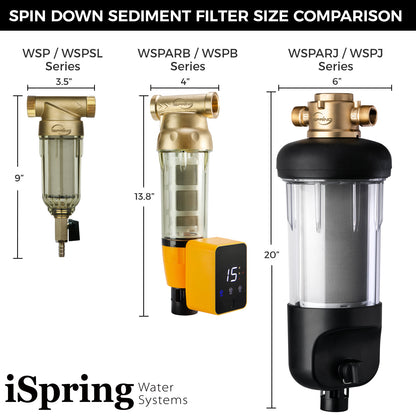 iSpring WSPJ Reusable Whole House Spin-Down Sediment Water Filter, Upgraded Jumbo Size, Large Capacity, 50-Micron Flushable Prefilter Filtration, 1" MNPT + 3/4" FNPT, Lead-Free Brass