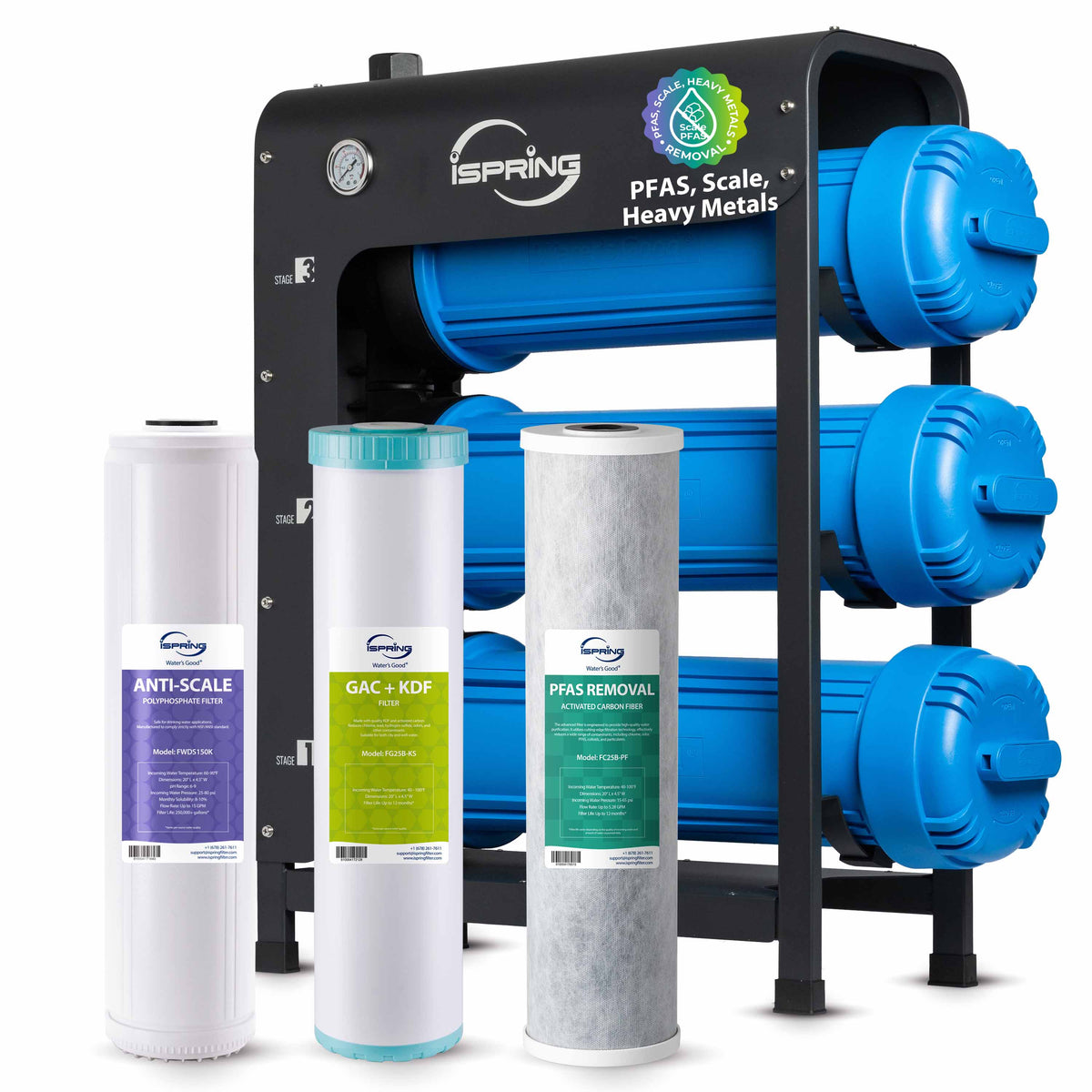 iSpring WHO32B-PFKDS Ultimate PFAS Removal Whole House Water Filter System, Horizontal Housings & Drain Valve for Spill-Free Filter Changes, Removes PFOA, PFOS, Chlorine, Heavy Metals, Scale & Corrosion, Freestanding Metal Frame