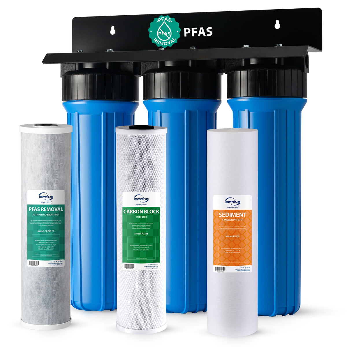 iSpring WGB32B-PF PFAS Whole House Water Filter System, SGS-Tested to Remove up to 99% PFOA & PFOS, 3-Stage Filtration Reduces Sediment, Chlorine, Taste & Odor, 20-Inch Filters, 1" Inlet/Outlet