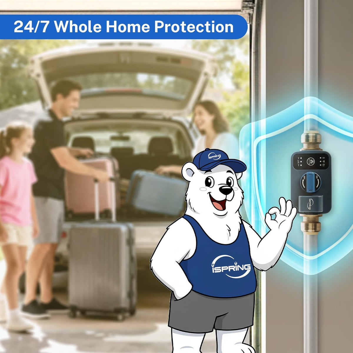 iSpring LS43WL Smart Leak Shut-Off System, Automatic Water Leak Detector with 1 Wired &amp; 1 Wireless Sensor, Whole-Home Water Damage Protection, 1" MNPT   3/4" FNPT