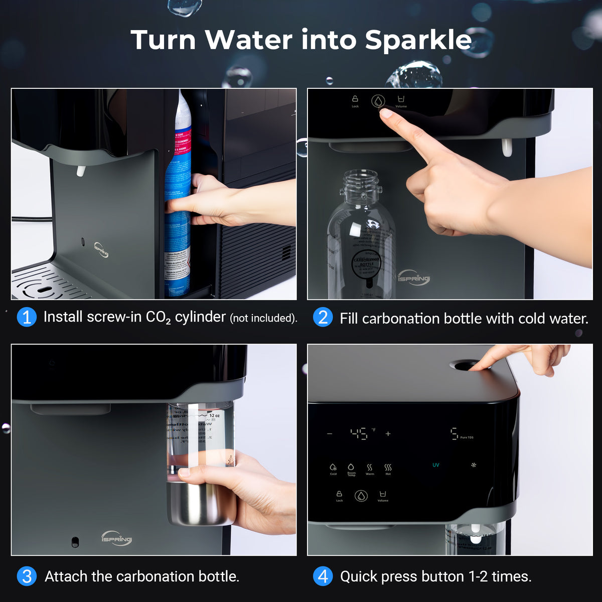 iSpring Sparkling Water Maker with UV, Hot &amp; Cold Countertop Reverse Osmosis Water Filter, PFAS &amp; TDS Removal, Real-Time TDS Monitor, Fits Standard Screw-in CO? Cylinders, Model# RCD100SPKHC
