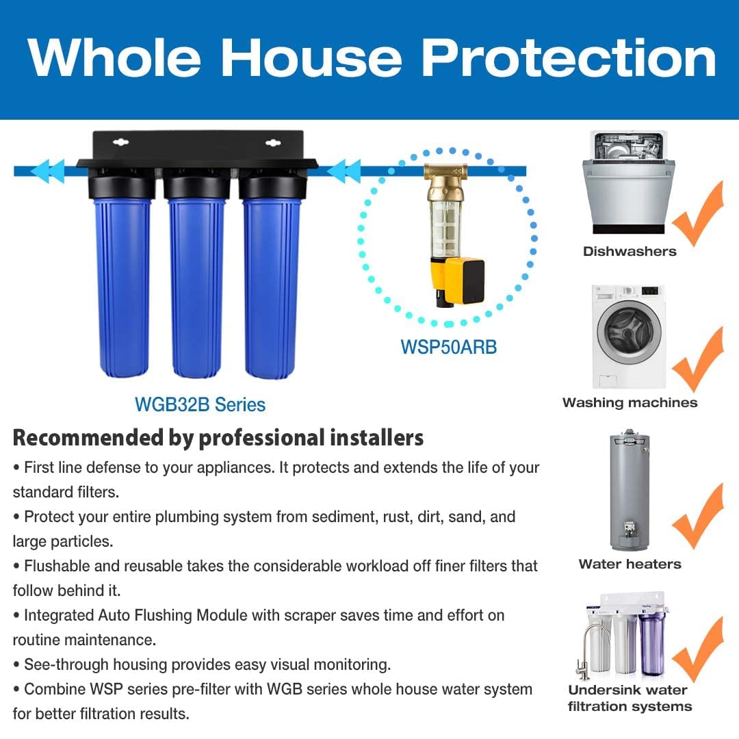 iSpring WGB32B Whole House Water Filter System, Highly Reduces Sediment, Taste, Odor, and up to 99% Chlorine, 3-Stage w/ 20-Inch Sediment and Carbon Block Filters
