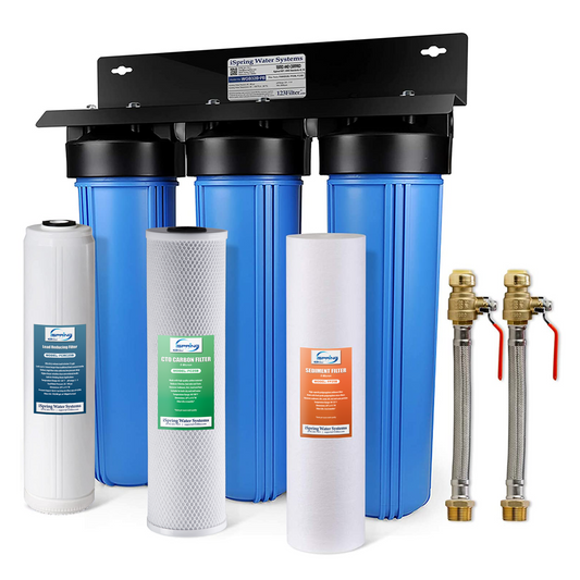 iSpring WGB32B-PB+AHPF12MNPT16X2 3-Stage Whole House Water Filtration System w/ 20” x 4.5” Fine Sediment, Carbon Block, Lead Reducing Filter, and 3/4'' Hose Connector