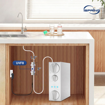iSpring RO500AK-BN+UVF8 Tankless RO Reverse Osmosis Water Filtration System with Natural pH Alkaline Remineralization and LED UVF8 Light, 500 GPD Fast Flow, Brushed Nickel Faucet, 2:1 Pure to Drain Ratio, NSF Certified