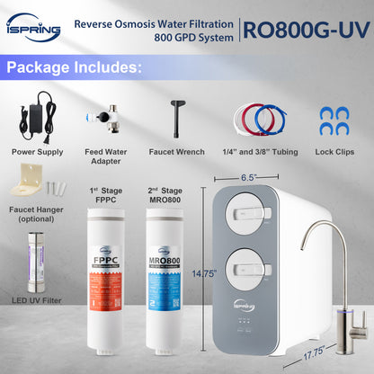 iSpring RO800G+UVF8 Tankless Reverse Osmosis System with LED UVF8 Light, 800 GPD Fast Flow RO System, 2.5:1 Pure to Drain Ratio RO Water Filter System, Brushed Nickel Faucet