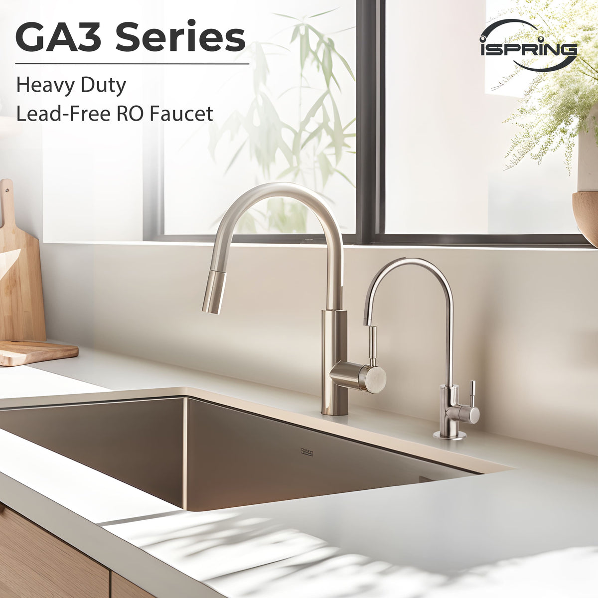 iSpring GA3-BN Drinking Water Faucet for Kitchen Sink with 3/8'' Connector, Heavy Duty Lead-Free Reverse Osmosis Faucet for RO System, Non-Air Gap 100% Stainless Steel RO Faucet, Brushed Nickel Finish