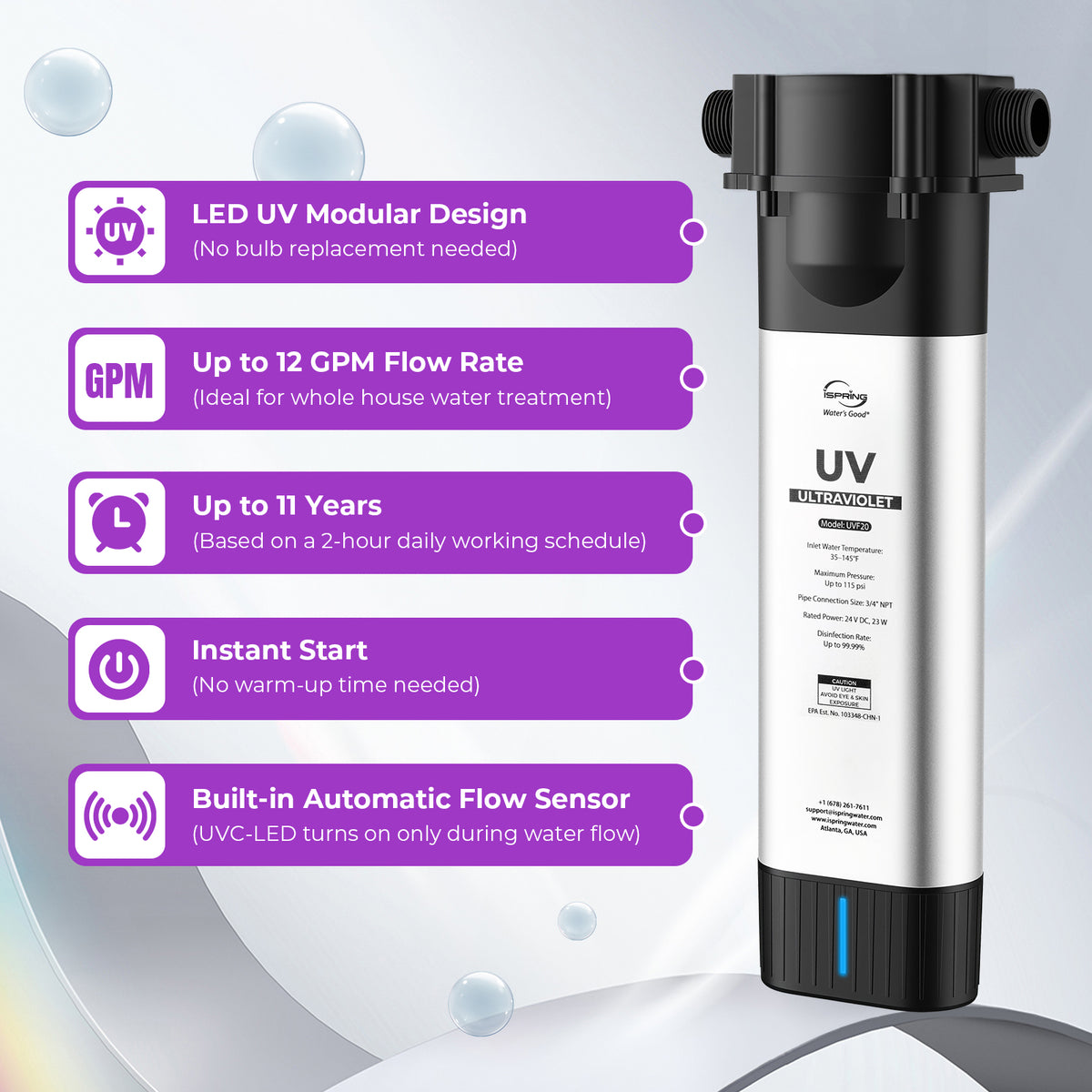 iSpring UVF20 Whole House LED UV Water Filter System, Up to 12 GPM, Long-Life LED UV Water Purifier with Built-in Automatic Flow Sensor, Mercury-Free UV Water Filter, 3/4" MNTP Inlet Outlet