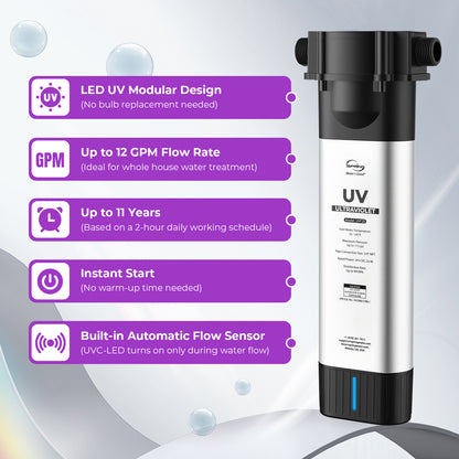 iSpring UVF20 Whole House LED UV Water Filter System, Up to 12 GPM, Long-Life LED UV Water Purifier with Built-in Automatic Flow Sensor, Mercury-Free UV Water Filter, 3/4" MNTP Inlet Outlet