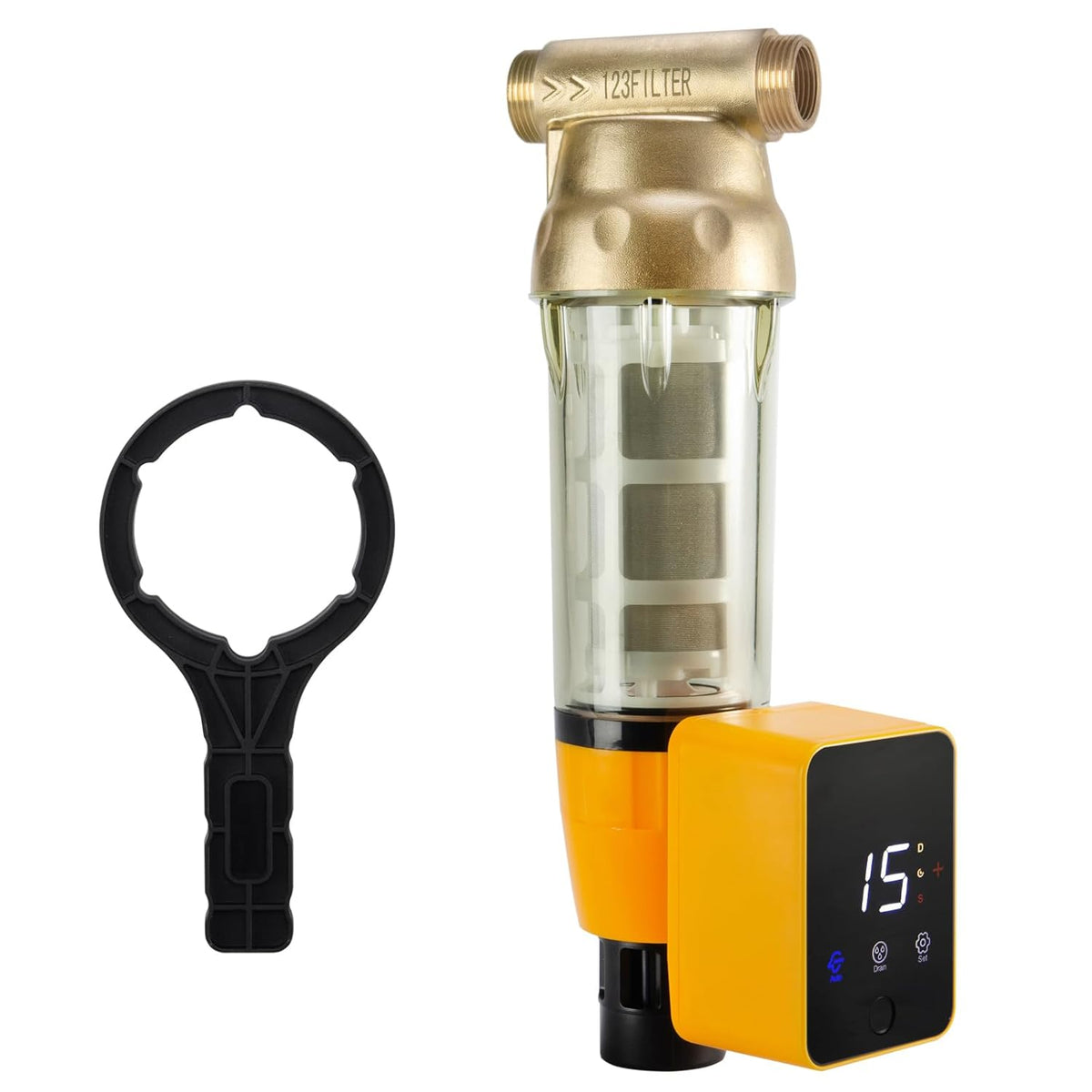 iSpring WSPARB Spin Down Sediment Water Filter, Reusable with Touch-Screen Auto Flushing Module and Built-in Housing Scraper, Brass Top Clear Housing