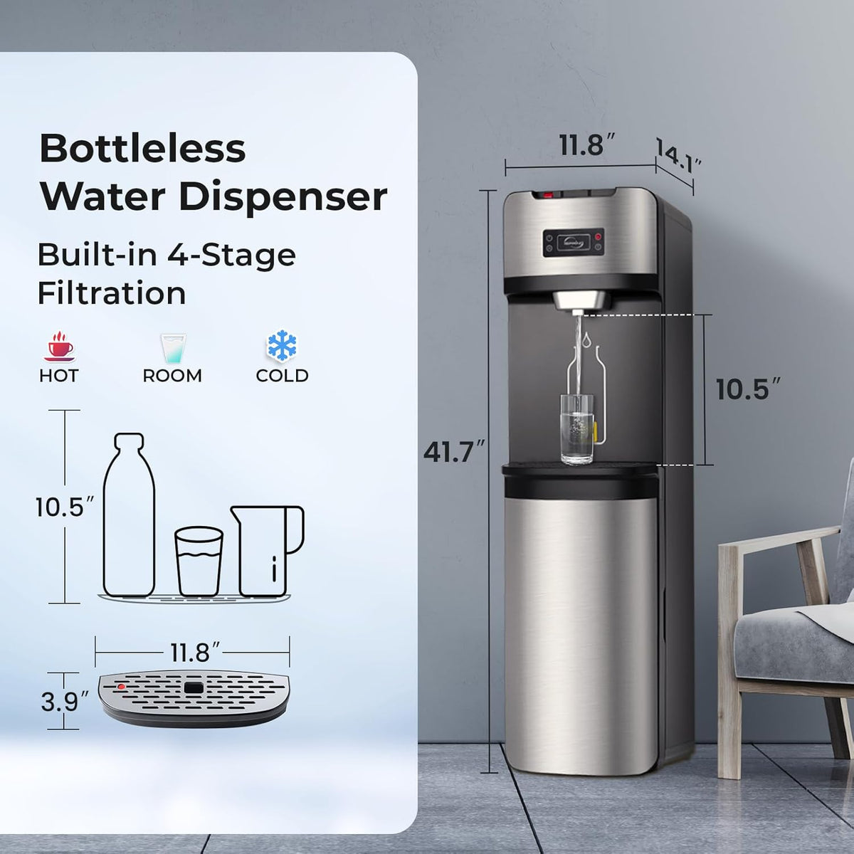 iSpring DS4-S Bottleless Water Dispenser, Built-in 4-Stage Filtration, Removes Chlorine, Lead, Mercury & Sediment, Hot/Cold/Room Temp, Self Cleaning, Stainless Steel, w/ F10DS up to 2-Year Filter Set