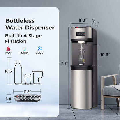 iSpring DS4-S Bottleless Water Dispenser, Built-in 4-Stage Filtration, Removes Chlorine, Lead, Mercury & Sediment, Hot/Cold/Room Temp, Self Cleaning, Stainless Steel, w/ F10DS up to 2-Year Filter Set