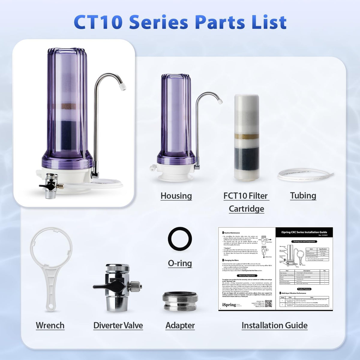 iSpring CT10-C Countertop Water Filter, Multi-Layer Faucet Water Filter System with Versatile Faucet Adapter, Reduces Heavy Metals, Bad Odor, and Chlorine, Clear