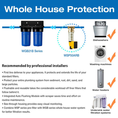 iSpring WGB21B+AH12MN16X2 2-Stage Whole House Water Filtration System with 3/4 inch Push-Fit Braided Stainless Steel Hose Connectors and Ball Valve