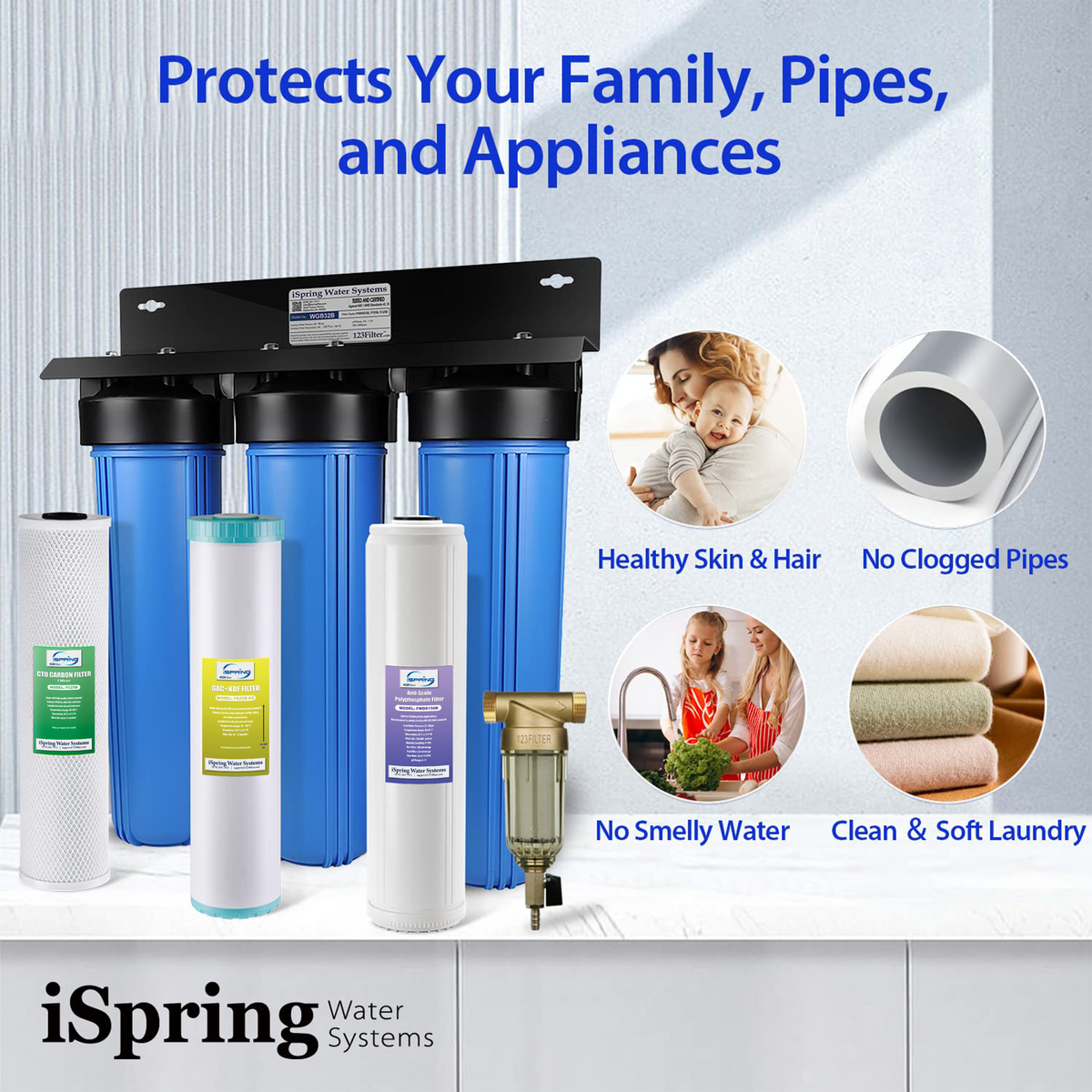 iSpring WGB32B-KDS+WSP50 Whole House Water Filter System w/ Spin Down Sediment Filter, Polyphosphate Anti-Scale, GAC KDF, and Carbon Block Water Filters, Water Descaler and Water Filter