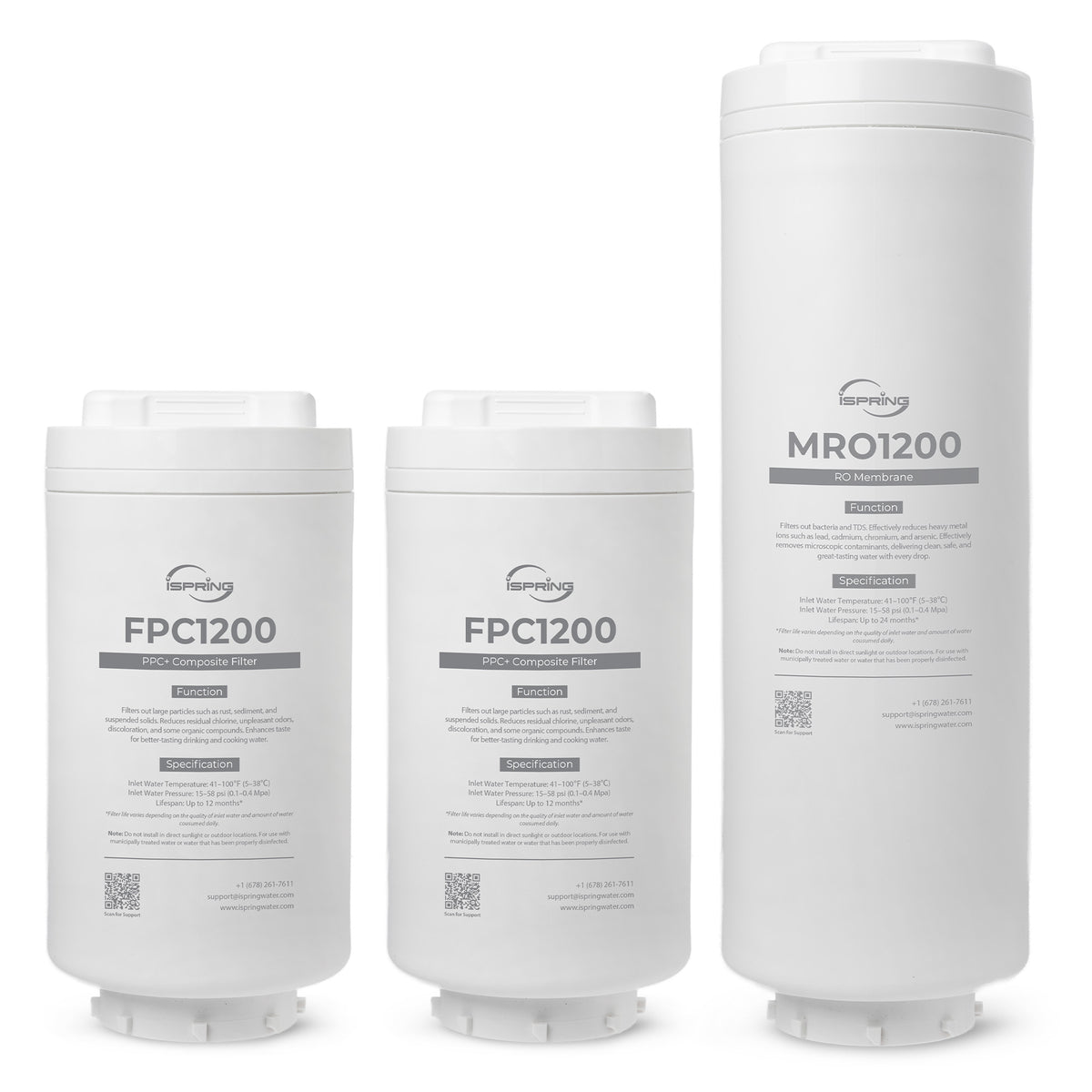 iSpring F3RO1200 Replacement Filter Pack for RO1200 Tankless Reverse Osmosis System, Includes 2 FPC1200 PPC Composite Filters &amp; 1 MRO1200 RO Membrane, Up to 2 Years Lifetime