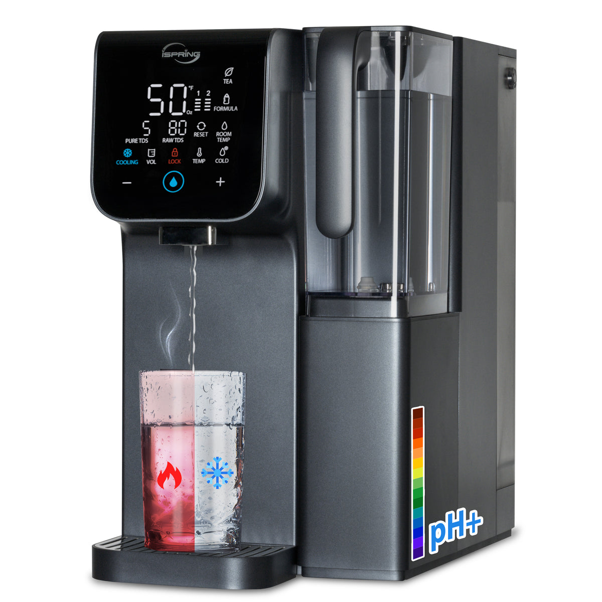 iSpring RCD100HCG Hot & Cold Reverse Osmosis System Countertop, Alkaline RO Water Filter Dispenser, 9 Temperature &amp; 6 Dispensing Volume Options, TDS &amp; Filter Lifespan Monitor, Plug and Play