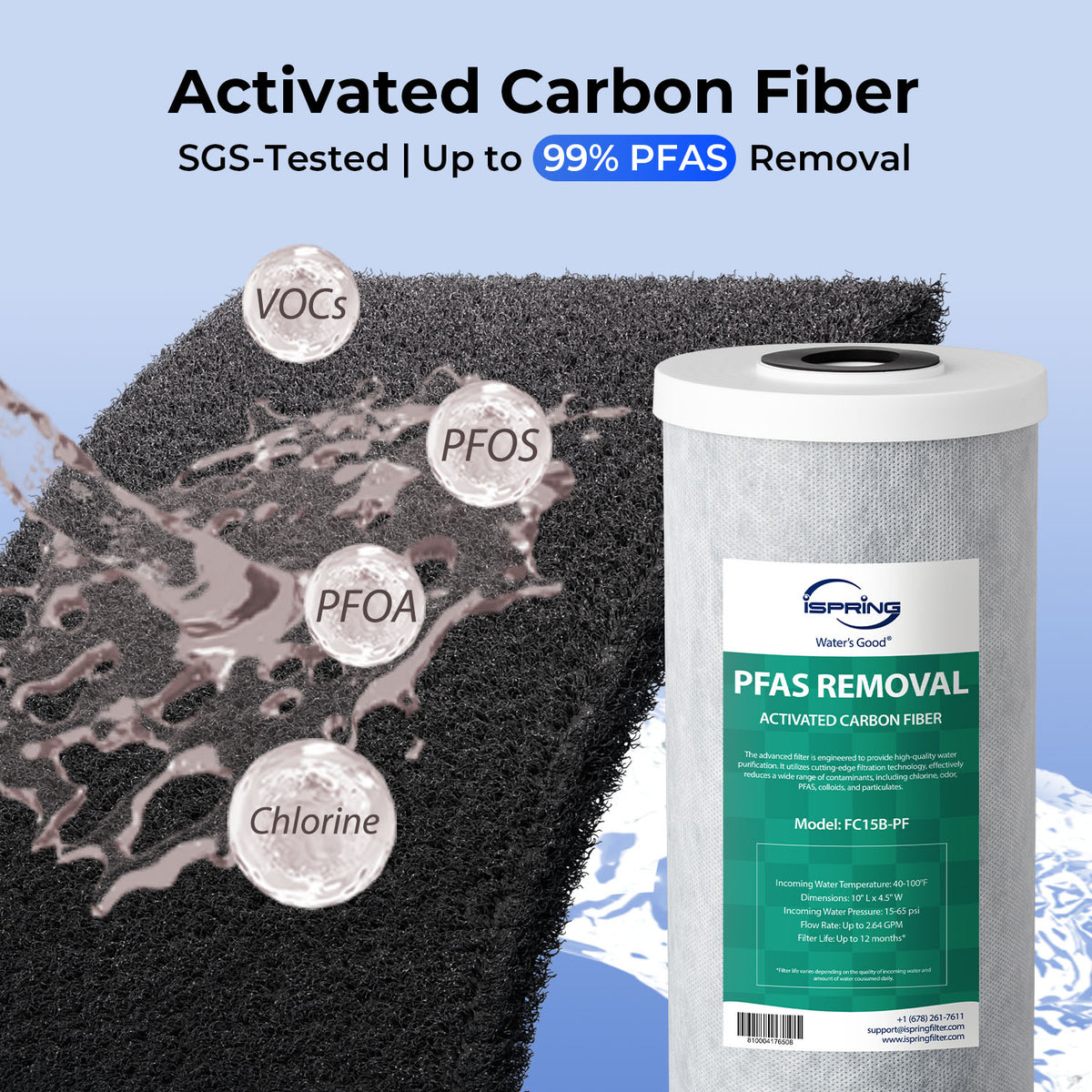 iSpring F3WGB31BPF Whole House Water Filter Replacement Pack, SGS-Tested, Remove up to 99% PFAS, Sediment, Chlorine, Taste &amp; Odor, Up to 12 Months,10" × 4.5", Fits WGB31B-PF