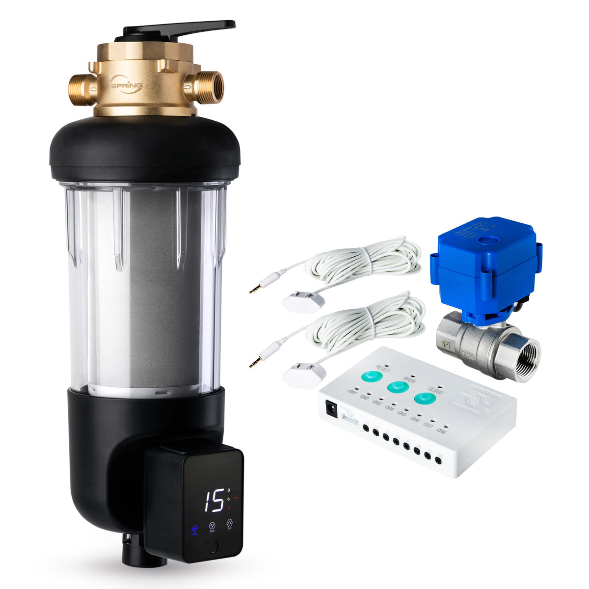 iSpring WSP50ARJBP+LS43 Auto Flushing Spin-Down Sediment Water Filter with Bypass, 50-Micron Jumbo Size Touch Screen Reusable Prefilter, w/ Auto Shut-Off Leak Detector Alarm System