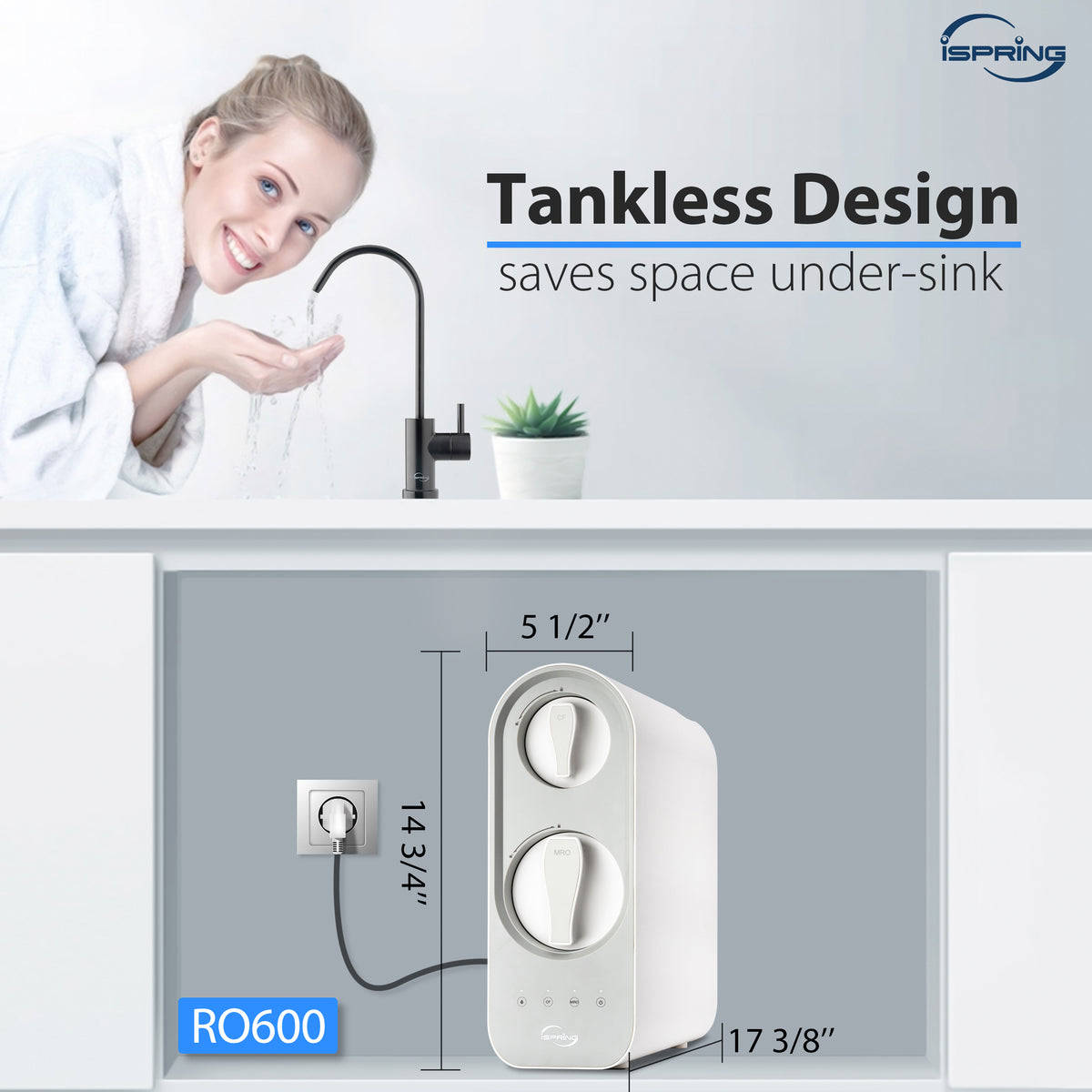 iSpring RO600-ORB Tankless RO Reverse Osmosis Water Filtration System, 600 GPD Fast Flow, Oil Rubbed Black Faucet, 2.5:1 Pure to Drain Ratio
