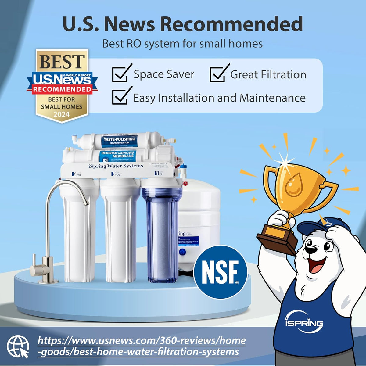 iSpring RCC7, NSF Certified, High Capacity Under Sink 5-Stage Reverse Osmosis Water Filter, RO Drinking System, 75 GPD, Brushed Nickel Faucet