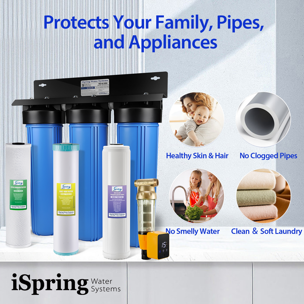iSpring WGB32B-KDS+WSP50ARB Whole House Water Filter System w/ Auto-Flushing Spin Down Sediment Filter, Polyphosphate Anti-Scale, GAC KDF, and Carbon Block Water Filters, Water Descaler and Water Filter