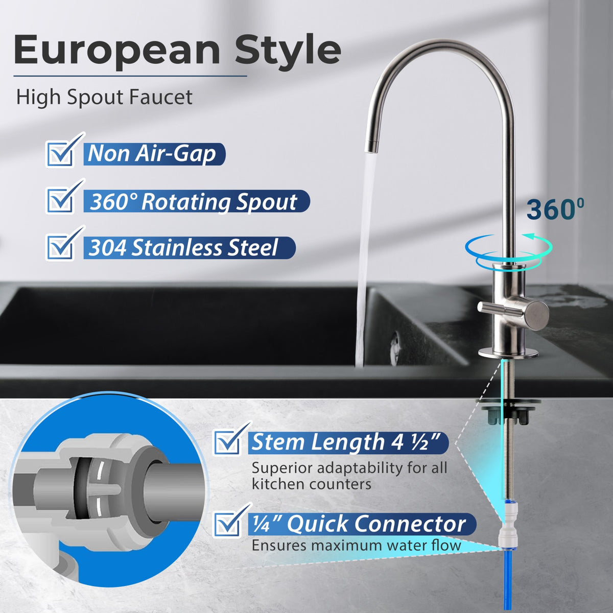 iSpring GA1-BN Heavy Duty Non-Air Gap Drinking Faucet for Water Filtration, Reverse Osmosis Systems-Brushed Nickel-Contemporary Style High-Spout