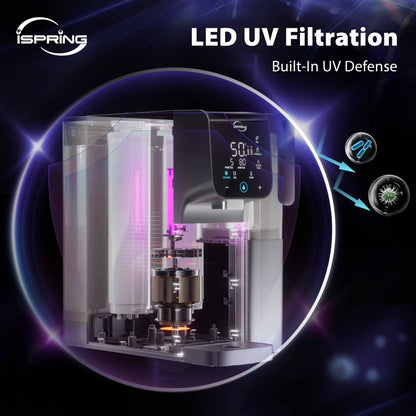 iSpring RCD100UHCG UV Alkaline Hot & Cold Reverse Osmosis Water Filter, Countertop RO Water Filter Dispenser with Mineral &amp; LED Ultraviolet Filter, 9 Temperature Options, TDS &amp; Filter Life Monitor, Plug and Play