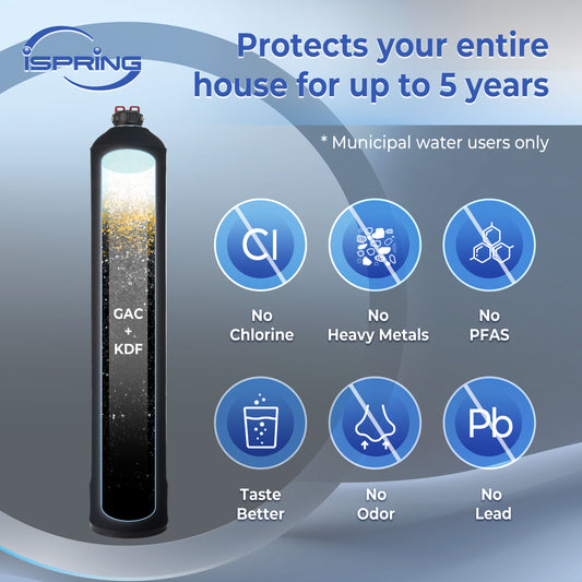iSpring Whole House Water Filter System, Reduces PFAS, Chlorine, Chloramine, Lead, Water Filter Lasts up to 5 Years, Model: WF1054
