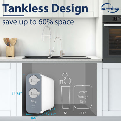 iSpring RO800G Tankless RO Reverse Osmosis Water Filtration System, 800 GPD Fast Flow, Up to 2.5:1 Pure to Drain Ratio, Gray