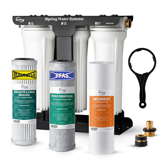 iSpring CW31-PFBV 3-Stage RV Water Filtration System for Campers, Reduces PFAS, Bacteria and Viruses, 3/4'' Lead-Free Brass Hose Quick Connectors, Tankless, High Capacity