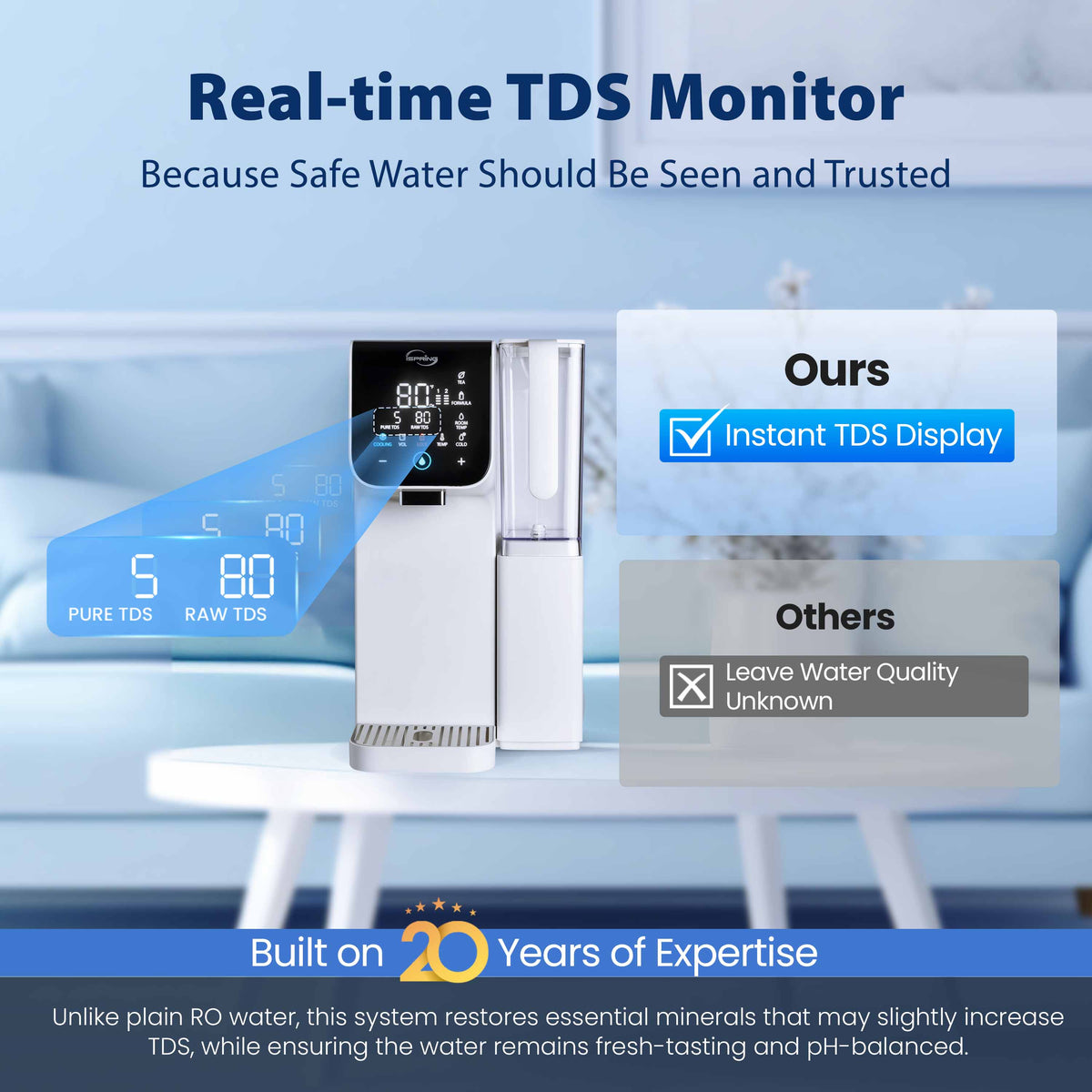 iSpring RCD100HCW Alkaline Hot &amp; Cold Countertop Reverse Osmosis System, Sleek White Finish, Remineralization RO Water Filter Dispenser, 9 Temperature &amp; 6 Dispensing Volume Options, TDS &amp; Filter Life Monitor, Plug and Play