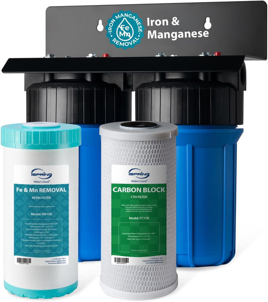 iSpring WGB21BM 2-Stage Whole House Water Filtration System, 10” x 4.5” Carbon Block and Iron & Manganese Reducing Filters, 1" Ports