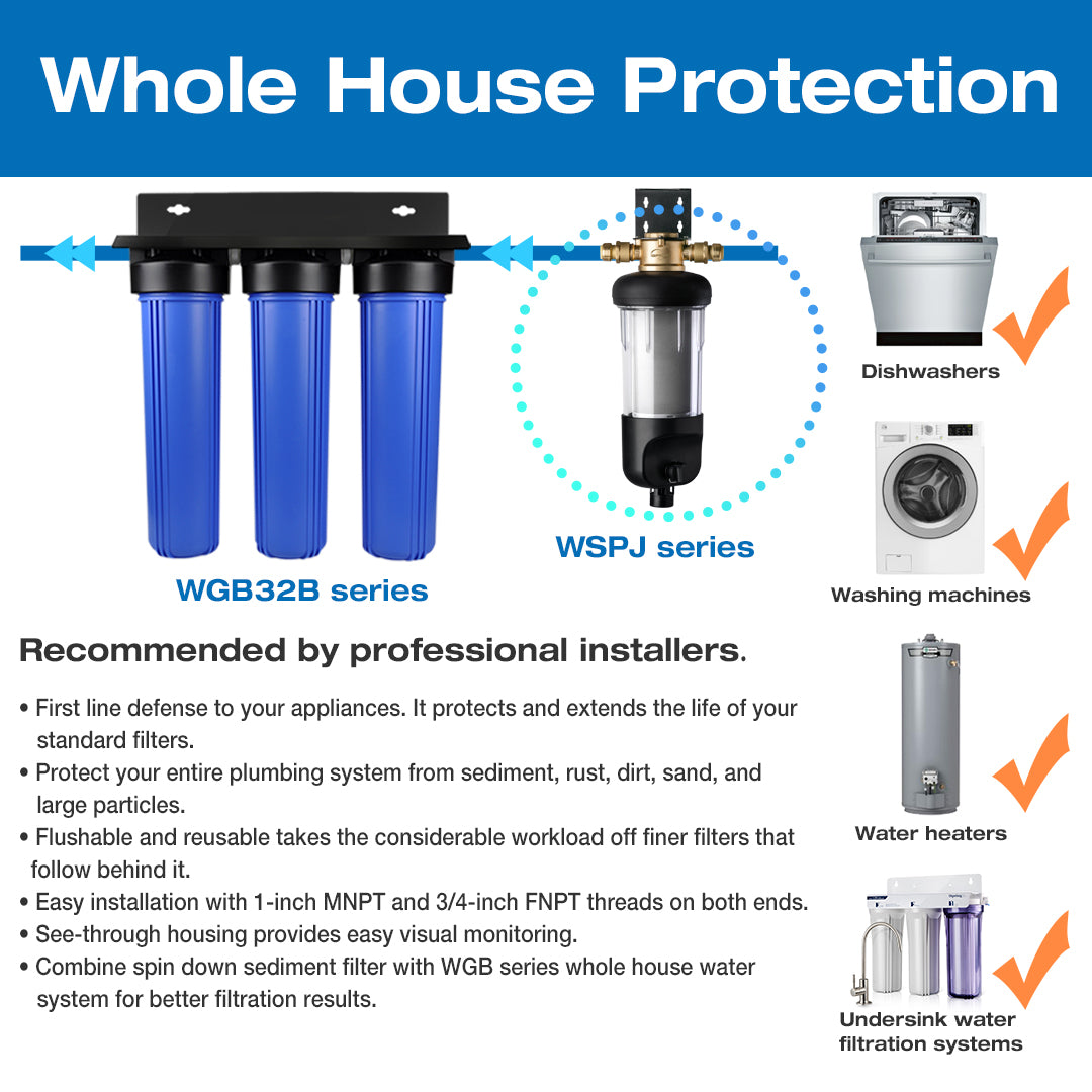 iSpring WSPJ Reusable Whole House Spin-Down Sediment Water Filter, Upgraded Jumbo Size, Large Capacity, 50-Micron Flushable Prefilter Filtration, 1" MNPT + 3/4" FNPT, Lead-Free Brass