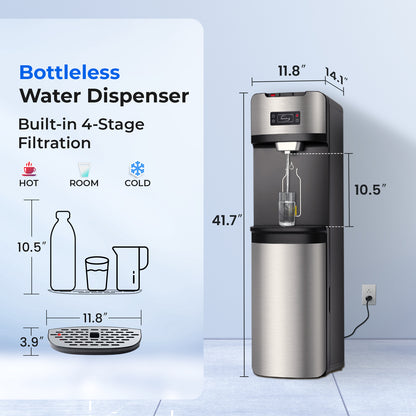 iSpring Bottleless Water Dispenser with 4-Stage Filtration, SGS-Tested 99% of PFAS Removal, Water Cooler Dispenser - Hot, Cold, Room Temp, Self Cleaning, Stainless Steel, Silver, Model: DS4S-PF