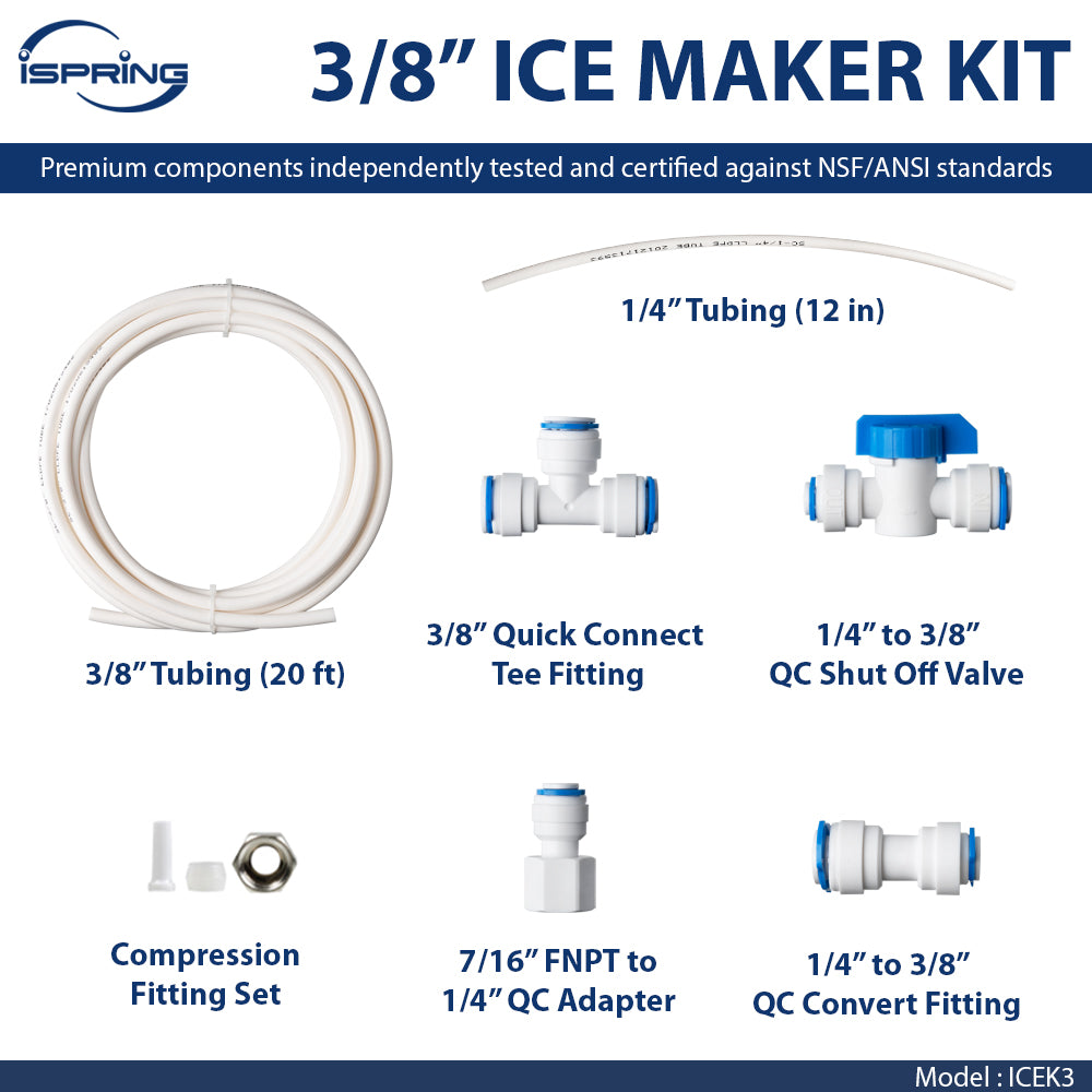 iSpring ICEK3 20 feet 3/8'' Tubing Water Line Splitter and Reverse Osmosis Refrigerator Ice Maker Kit, Fits PH100, RO100, US15 Series, Everything Included for Installation